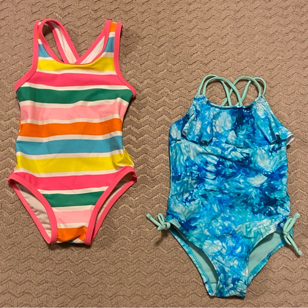 Multicolor Striped and Blue Tie-Dye Kids Swimsuits